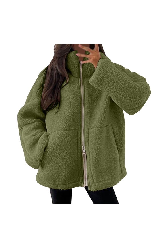 Womens Fleece Jacket Oversized Zip Up Sherpa Fuzzy Casual Coats Winter Fall Outerwear 2025 Clothes with Pockets AG, L