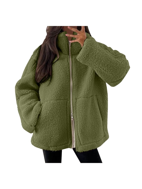 Womens Fleece Jacket Oversized Zip Up Sherpa Fuzzy Casual Coats Winter Fall Outerwear 2025 Clothes with Pockets AG, XL