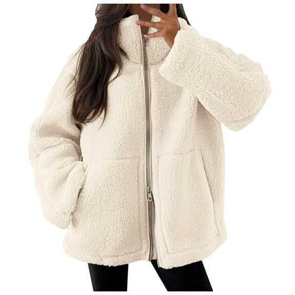 felwors Womens Fleece Jacket Oversized Zip Up Sherpa Fuzzy Casual Coats Winter Fall Outerwear 2025 Clothes with Pockets Beige, L