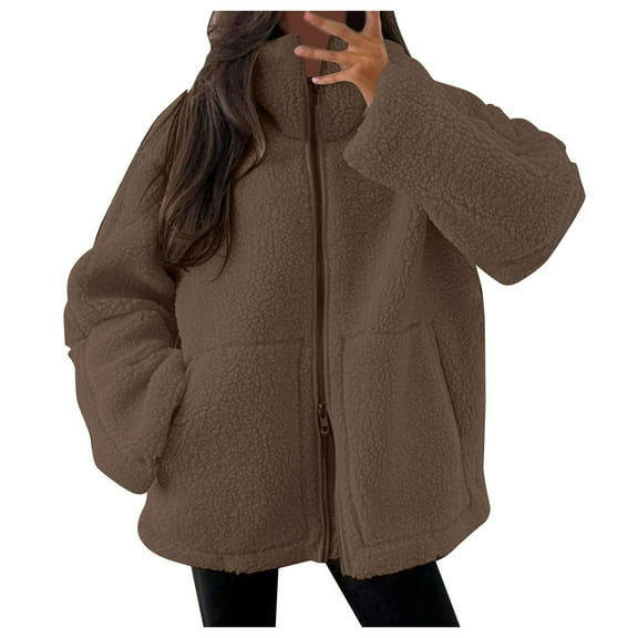 felwors Womens Fleece Jacket Oversized Zip Up Sherpa Fuzzy Casual Coats Winter Fall Outerwear 2025 Clothes with Pockets Coffee, XL