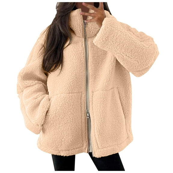 felwors Womens Fleece Jacket Oversized Zip Up Sherpa Fuzzy Casual Coats Winter Fall Outerwear 2025 Clothes with Pockets Khaki, M