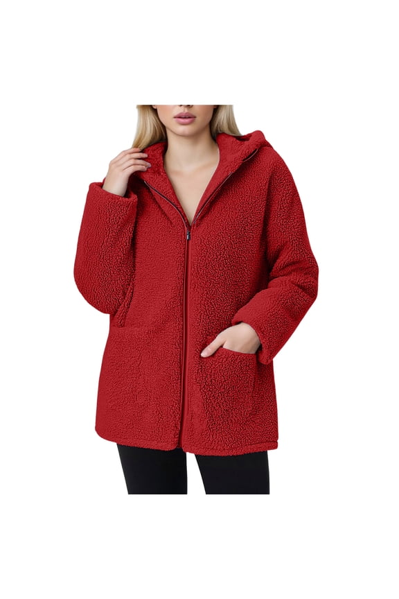 Womens Fleece Zip Up Jacket Oversized Long Sherpa Hoodie Fuzzy Outerwear Fall Winter Warm Coat with Pockets Red, S