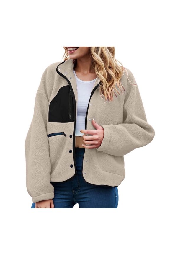 felwors Womens Fuzzy Fleece Jacket Fall Casual Long Sleeve Cropped Sherpa Button Down Shacket Coats Outwear With Pockets Beige, L