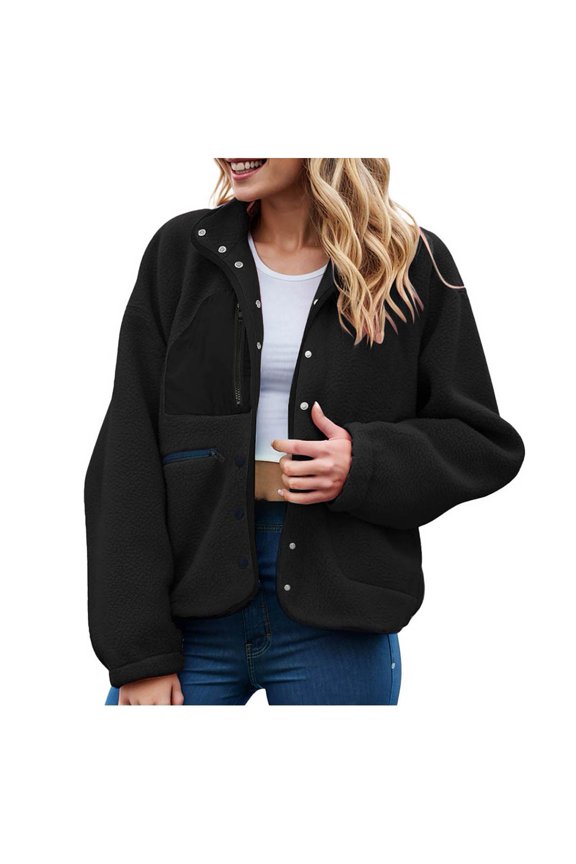 felwors Womens Fuzzy Fleece Jacket Fall Casual Long Sleeve Cropped Sherpa Button Down Shacket Coats Outwear With Pockets Black, M