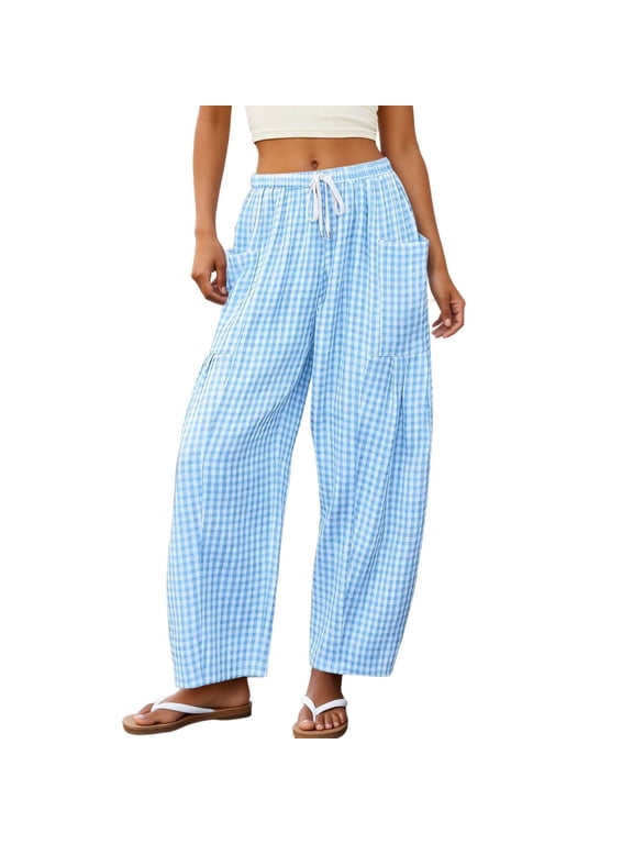 Womens Gingham Pants Spring Summer Elastic Waist Wide Leg Flowy Palazzo Pants (Blue, XL)