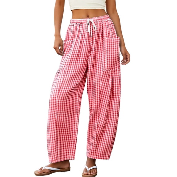 felwors Womens Gingham Pants Spring Summer Elastic Waist Wide Leg Flowy Palazzo Pants (Red, M)