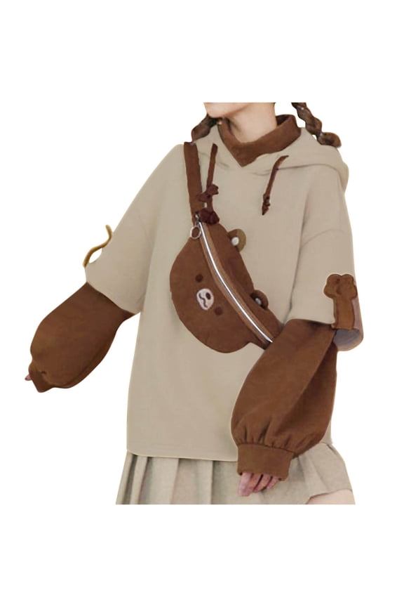 Womens Girls Brown Bear Hoodie Long Sleeve Sweatshirts Cute Pattern Print Kawaii Patchwork Shirts Brown, XXL