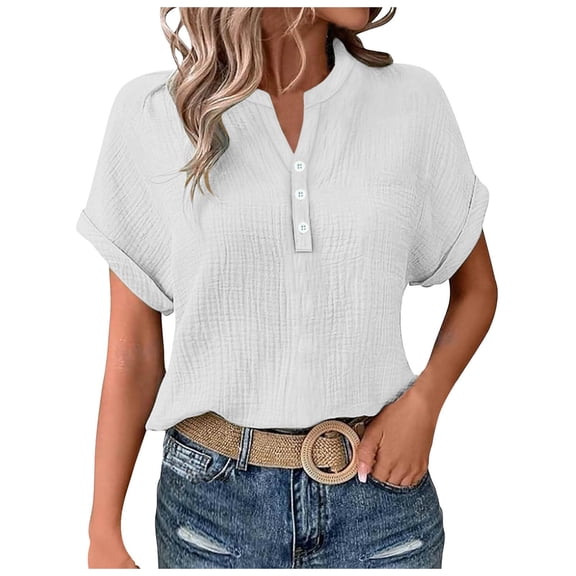 felwors Womens Henley T Shirt Rolled Cuffed Short Sleeve Blouse Ladies Summer Casual V Neck Beach Cotton Tops White, M