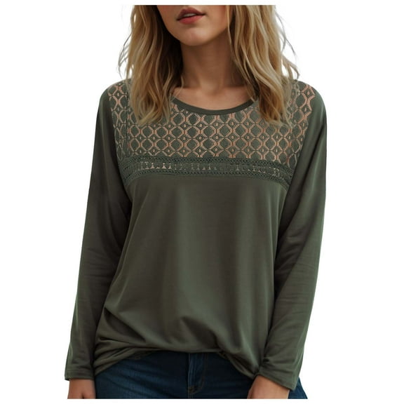 felwors Womens Lace 3/4 Sleeve Shirts Fall Tops Fashion Dressy Casual Lightweight Sweaters Mesh Clothes Trendy Waffle Knit Green, M