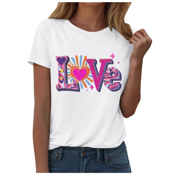felwors Womens Letter & Heart Graphic Tee | Casual Loose Short Sleeve Love-Themed Summer Tops(White, S)
