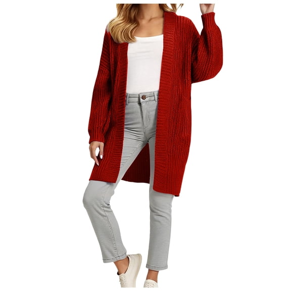 felwors Womens Long Cardigans Lightweight Open Front Long Sleeve Cardigan Sweater Red, S