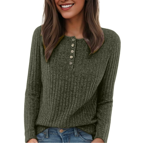 felwors Womens Long Sleeve Henley Shirts Button Down Tunic Tops Fall Lightweight Sweaters Business Casual Blouses 2025 Dark Green, M