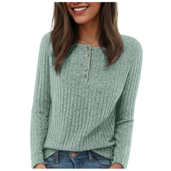 felwors Womens Long Sleeve Henley Shirts Button Down Tunic Tops Fall Lightweight Sweaters Business Casual Blouses 2025 Light Blue, M