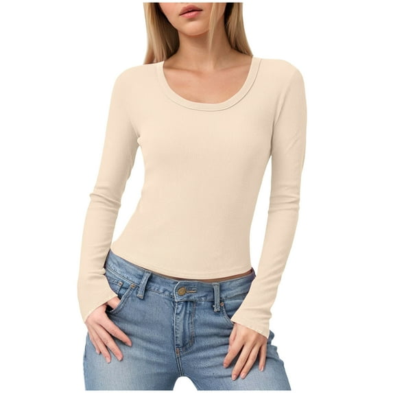 felwors Womens Long Sleeve Scoop Neck Ribbed Knit Fitted Casual Tops Tee Slim Basic Shirts Beige, XL