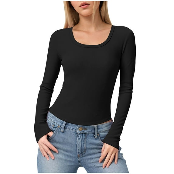 felwors Womens Long Sleeve Scoop Neck Ribbed Knit Fitted Casual Tops Tee Slim Basic Shirts Black, S