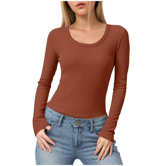 felwors Womens Long Sleeve Scoop Neck Ribbed Knit Fitted Casual Tops Tee Slim Basic Shirts Brick Red, S