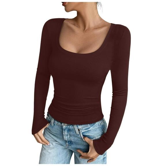 felwors Womens Long Sleeve Scoop Neck Ribbed Knit Fitted Casual Tops Tee Slim Basic Shirts Brown, XXXL