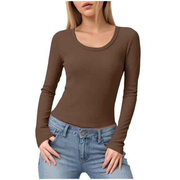 felwors Womens Long Sleeve Scoop Neck Ribbed Knit Fitted Casual Tops Tee Slim Basic Shirts Coffee, L