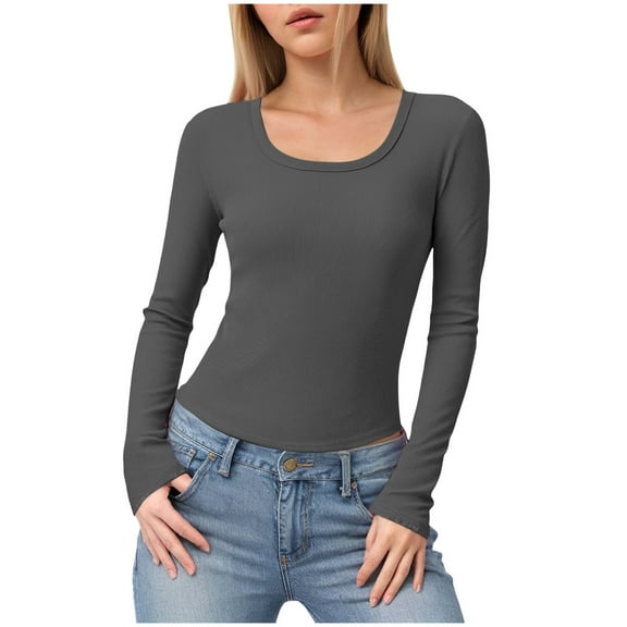 felwors Womens Long Sleeve Scoop Neck Ribbed Knit Fitted Casual Tops Tee Slim Basic Shirts Dark Gray, M