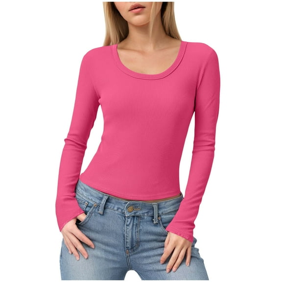 felwors Womens Long Sleeve Scoop Neck Ribbed Knit Fitted Casual Tops Tee Slim Basic Shirts Hot Pink, M