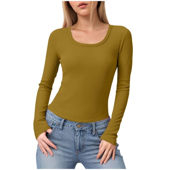 felwors Womens Long Sleeve Scoop Neck Ribbed Knit Fitted Casual Tops Tee Slim Basic Shirts Khaki, L