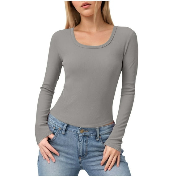 felwors Womens Long Sleeve Scoop Neck Ribbed Knit Fitted Casual Tops Tee Slim Basic Shirts Light Gray, L