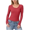 thumbnail image 1 of felwors Women's Long Sleeve Stretch Ribbed Crewneck T-Shirt - Fitted Casual Basic Top for Business & Daily Wear Red, M, 1 of 6