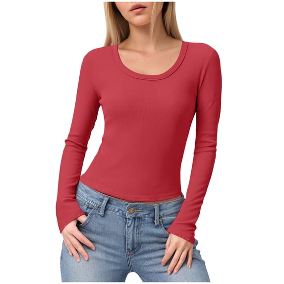 felwors Women's Long Sleeve Stretch Ribbed Crewneck T-Shirt - Fitted Casual Basic Top for Business & Daily Wear Red, M