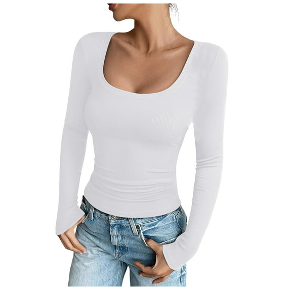felwors Womens Long Sleeve Scoop Neck Ribbed Knit Fitted Casual Tops Tee Slim Basic Shirts White, XXL