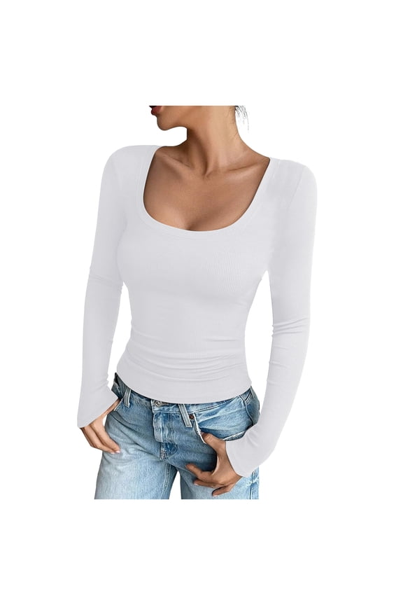 Womens Long Sleeve Scoop Neck Ribbed Knit Fitted Casual Tops Tee Slim Basic Shirts White, XXXL