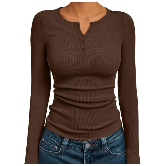 felwors Womens Long Sleeve Shirts 2025 Henley Casual Fall Outfits Fitted Tops Ribbed Fashion Basic Tees Brown, XL