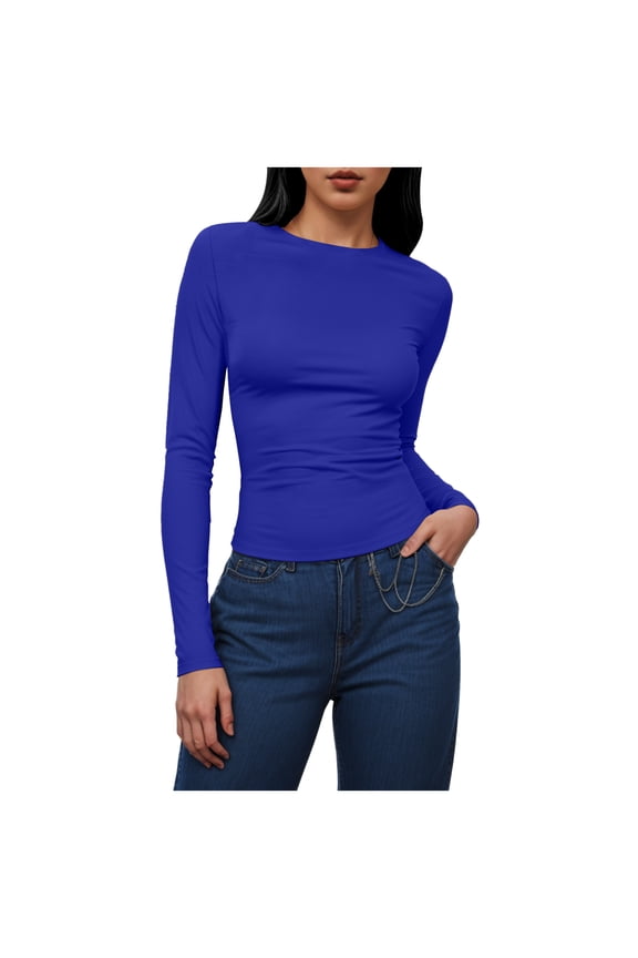 Womens Long Sleeve Shirts Basic Compression Going Out Crop Tops Fall Fashion Y2K Clothes 2026 (Dark Blue, L)