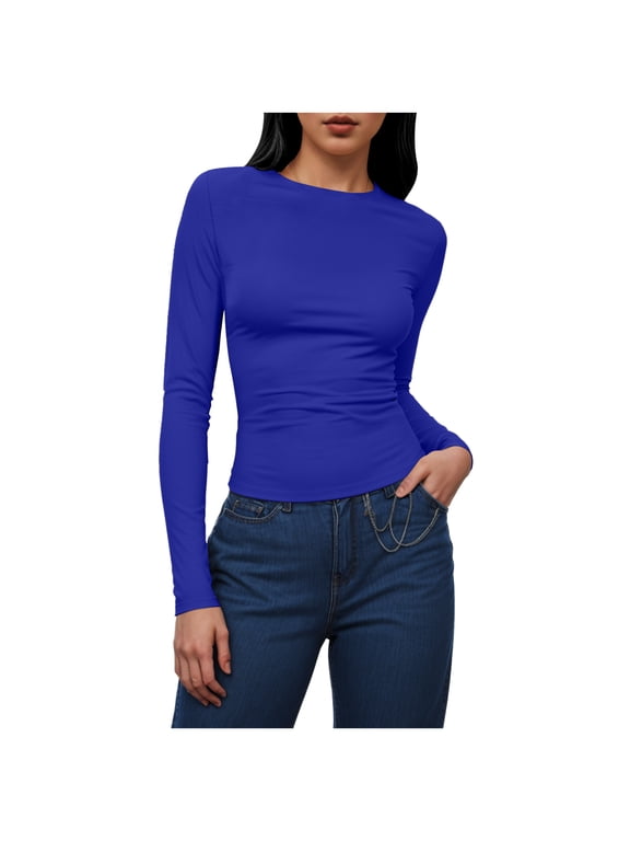 Womens Long Sleeve Shirts Basic Compression Going Out Crop Tops Fall Fashion Y2K Clothes 2026 (Dark Blue, L)