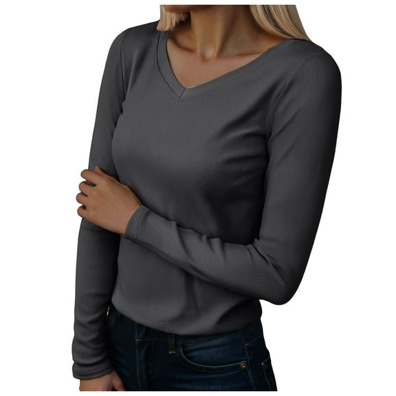 felwors Womens Long Sleeve V Neck Ribbed Knit Fitted Casual Tops Tee Slim Basic Shirt (Dark Gray, XXL)
