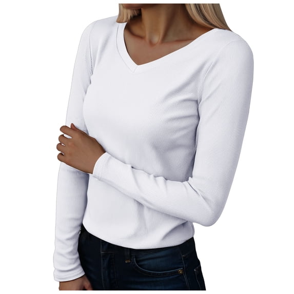 felwors Womens Long Sleeve V Neck Ribbed Knit Fitted Casual Tops Tee Slim Basic Shirt (White, XXL)