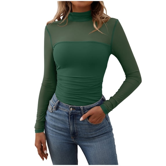 felwors Womens Mesh Sheer Long Sleeve Top Turtle Neck See Though Shirts Ruched Sexy Casual Going Out Blouses (Green, XL)