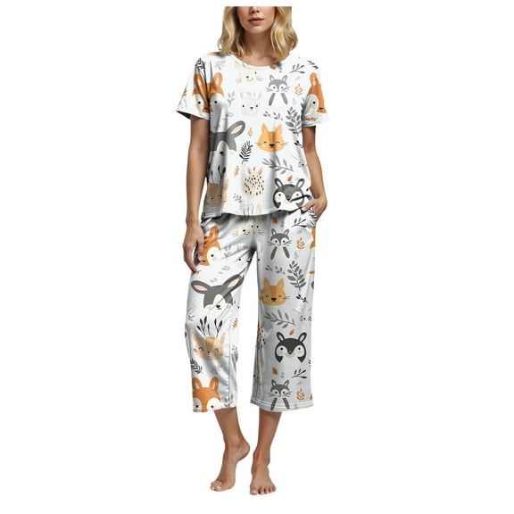 felwors Womens Pajama Sets, Comfy Cotton 2 Piece Lounge Sets, Woman Two Piece Pjs, Loungewear Set Women, Capri Pants Sets Beige, XL