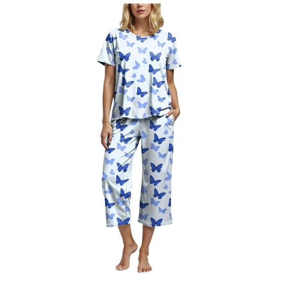 felwors Womens Pajama Sets, Comfy Cotton 2 Piece Lounge Sets, Woman Two Piece Pjs, Loungewear Set Women, Capri Pants Sets Dark Blue, XL