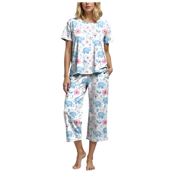 felwors Womens Pajama Sets, Comfy Cotton 2 Piece Lounge Sets, Woman Two Piece Pjs, Loungewear Set Women, Capri Pants Sets Light Blue, S