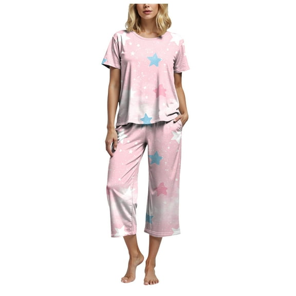 felwors Womens Pajama Sets, Comfy Cotton 2 Piece Lounge Sets, Woman Two Piece Pjs, Loungewear Set Women, Capri Pants Sets Pink, L