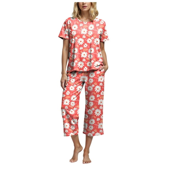 felwors Womens Pajama Sets, Comfy Cotton 2 Piece Lounge Sets, Woman Two Piece Pjs, Loungewear Set Women, Capri Pants Sets Watermelon Red, XL