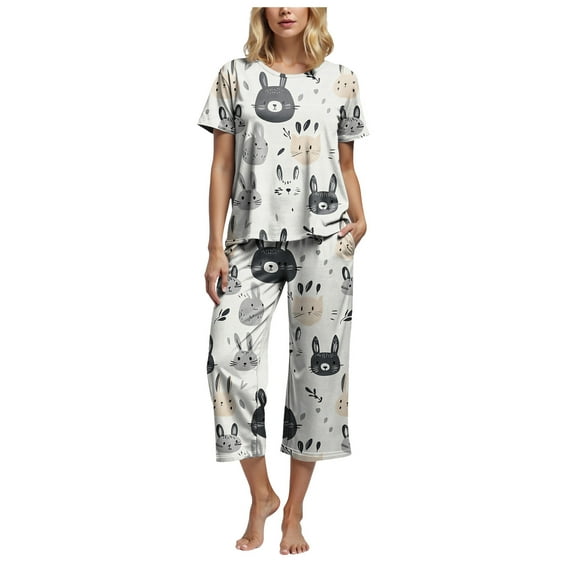 felwors Womens Pajama Sets Cotton Pj Set Short Sleeve Top With Capri Pants Sleepwear 2 Piece Lounge Set Beige, S