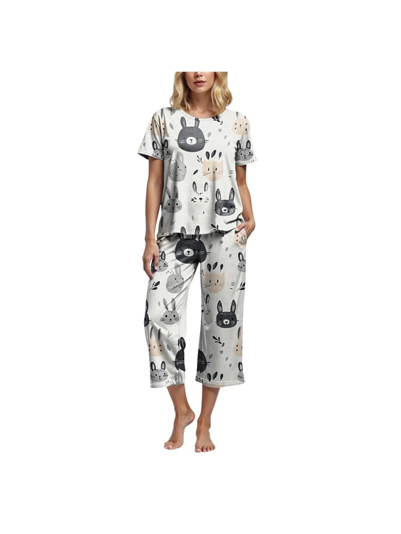 Womens Pajama Sets Cotton Pj Set Short Sleeve Top With Capri Pants Sleepwear 2 Piece Lounge Set Beige, S