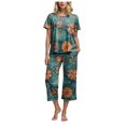 thumbnail image 1 of felwors Womens Pajama Sets Cotton Pj Set Short Sleeve Top With Capri Pants Sleepwear 2 Piece Lounge Set Dark Green, S, 1 of 7
