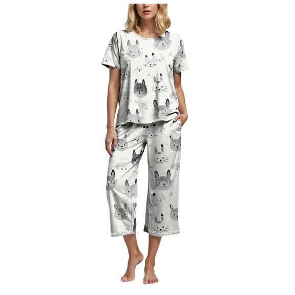 felwors Womens Pajama Sets Cotton Pj Set Short Sleeve Top With Capri Pants Sleepwear 2 Piece Lounge Set Grey, L