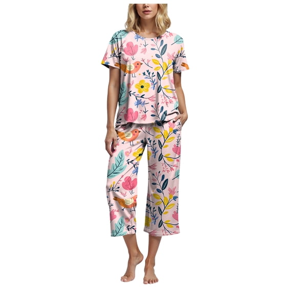 felwors Womens Pajama Sets Cotton Pj Set Short Sleeve Top With Capri Pants Sleepwear 2 Piece Lounge Set Pink, S