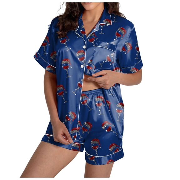 felwors Womens Pajama Sets Satin Pjs Short Sleeve Silky 2 Piece Soft Cute Women's Summer Sleepwear Lounge Set Blue, XXL