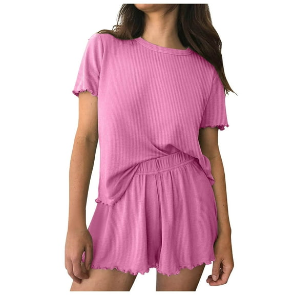 felwors Womens Pajamas 2 Piece Ribbed Knit Pjs Short Sleeve Sleepwear Set Summer Soft Pajamas Set Casual Lounge Sets Hot Pink, M
