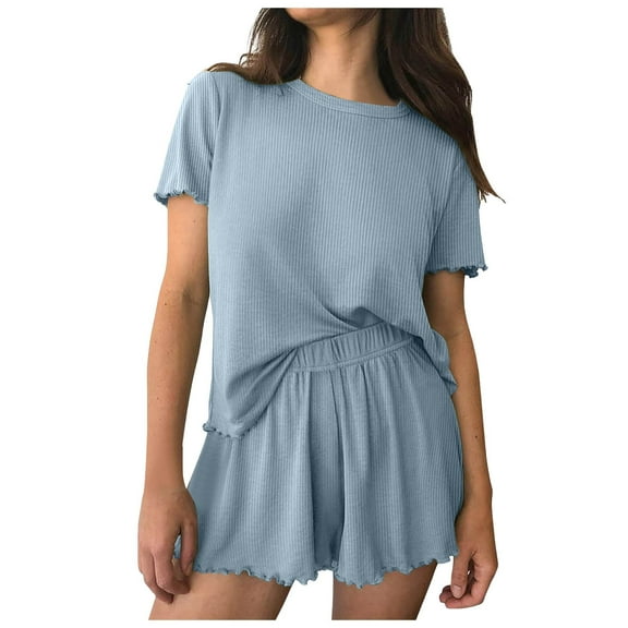 felwors Womens Pajamas 2 Piece Ribbed Knit Pjs Short Sleeve Sleepwear Set Summer Soft Pajamas Set Casual Lounge Sets Light Blue, M