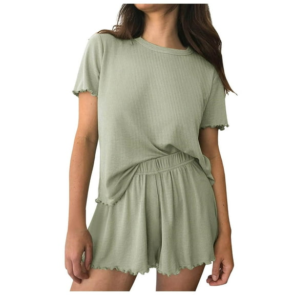 felwors Womens Pajamas 2 Piece Ribbed Knit Pjs Short Sleeve Sleepwear Set Summer Soft Pajamas Set Casual Lounge Sets Light Green, L